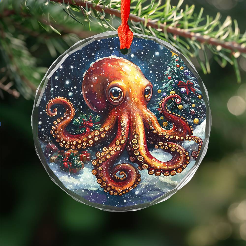 Beautiful Angus Octopus Christmas Night Design 1 Glass Ornament