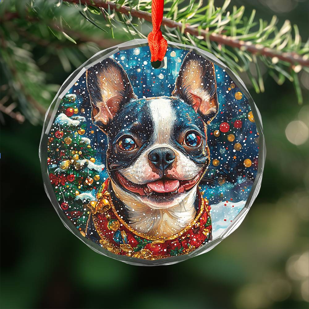 Beautiful Boston Terrier Dog Christmas Night Design 2 Glass Ornament