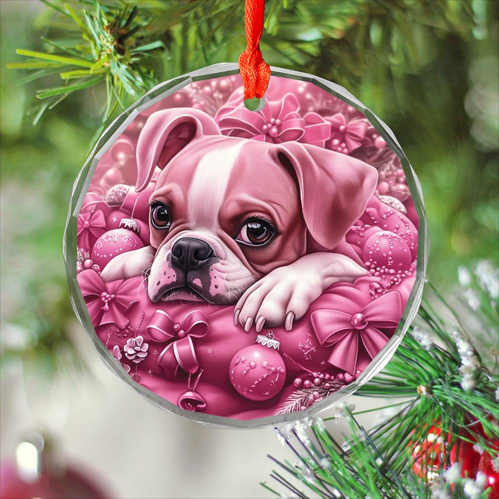 Boxer Dog Pink Christmas Design 1 Glass Ornament