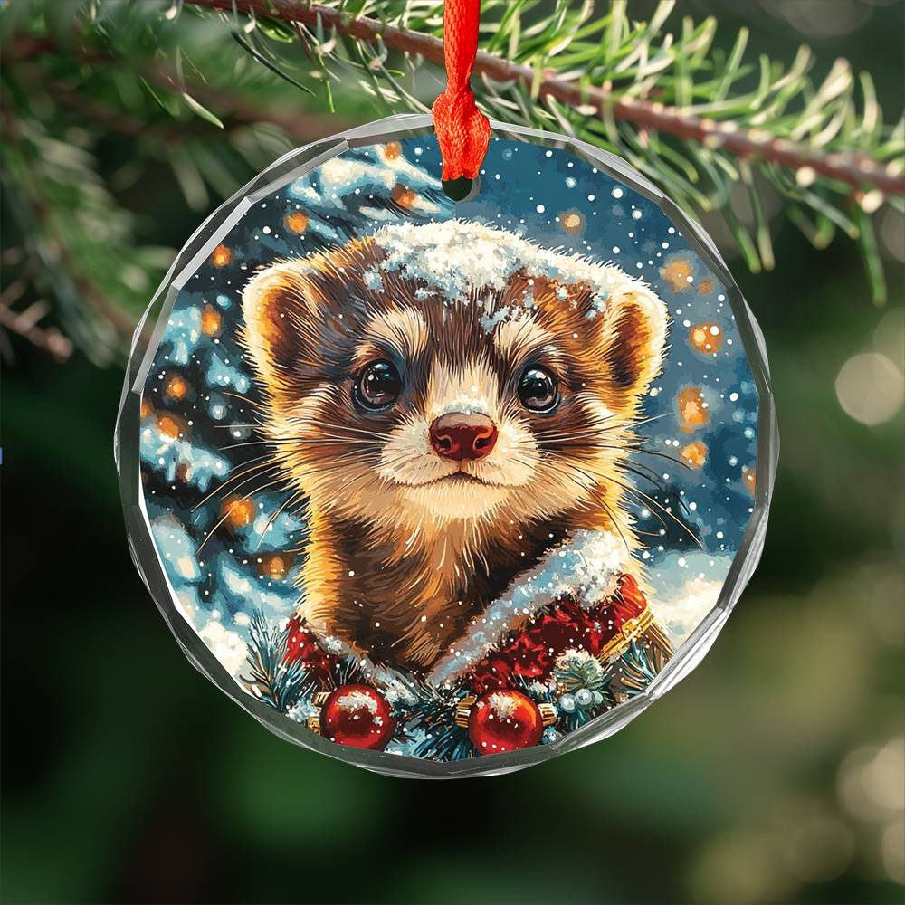 Beautiful Ferret Christmas Night Design 1 Glass Ornament