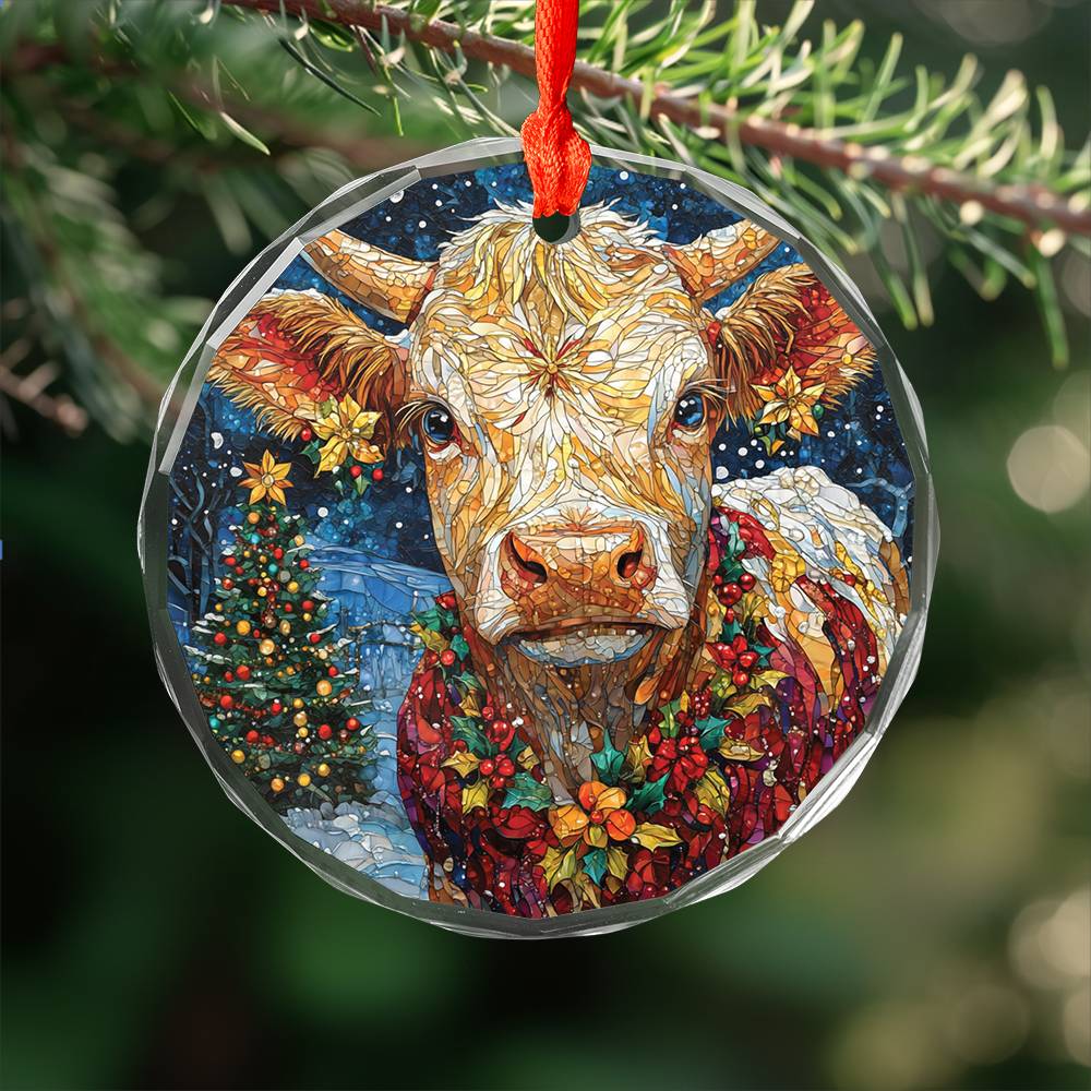 Beautiful Hereford Cow Christmas Night Design 2 Glass Ornament