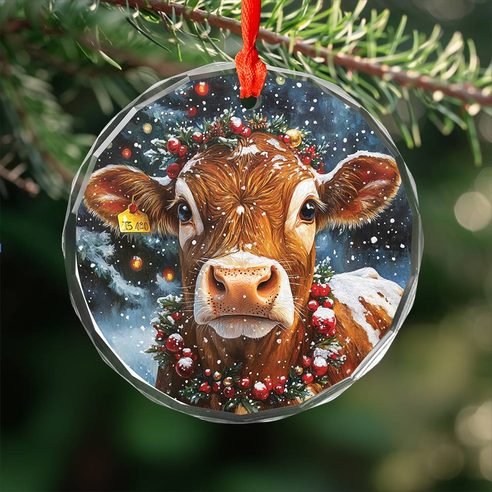 Beautiful Jersey Cow Christmas Night Design 2 Glass Ornament