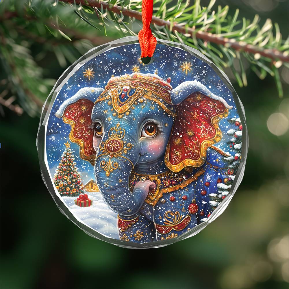 Beautiful Elephant Christmas Night Design 3 Glass Ornament