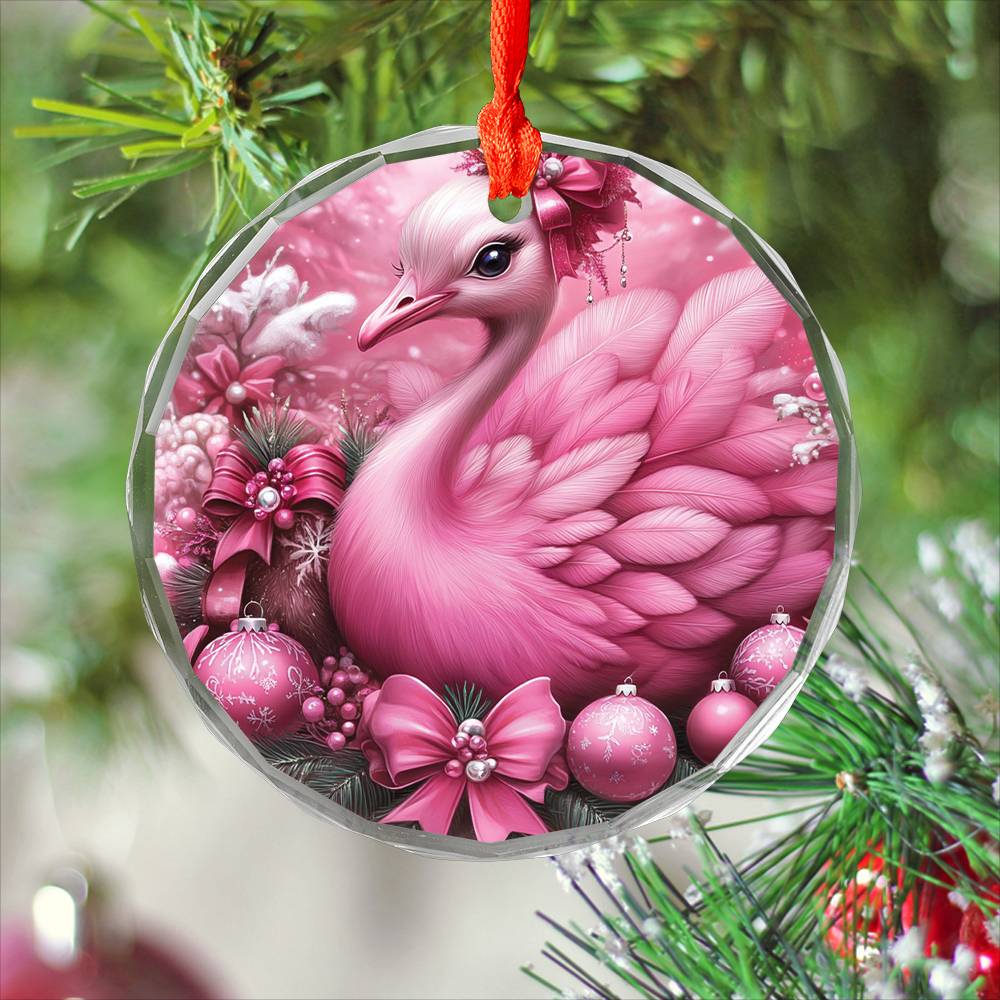 Ostrich Pink Christmas Design 4 Glass Ornament