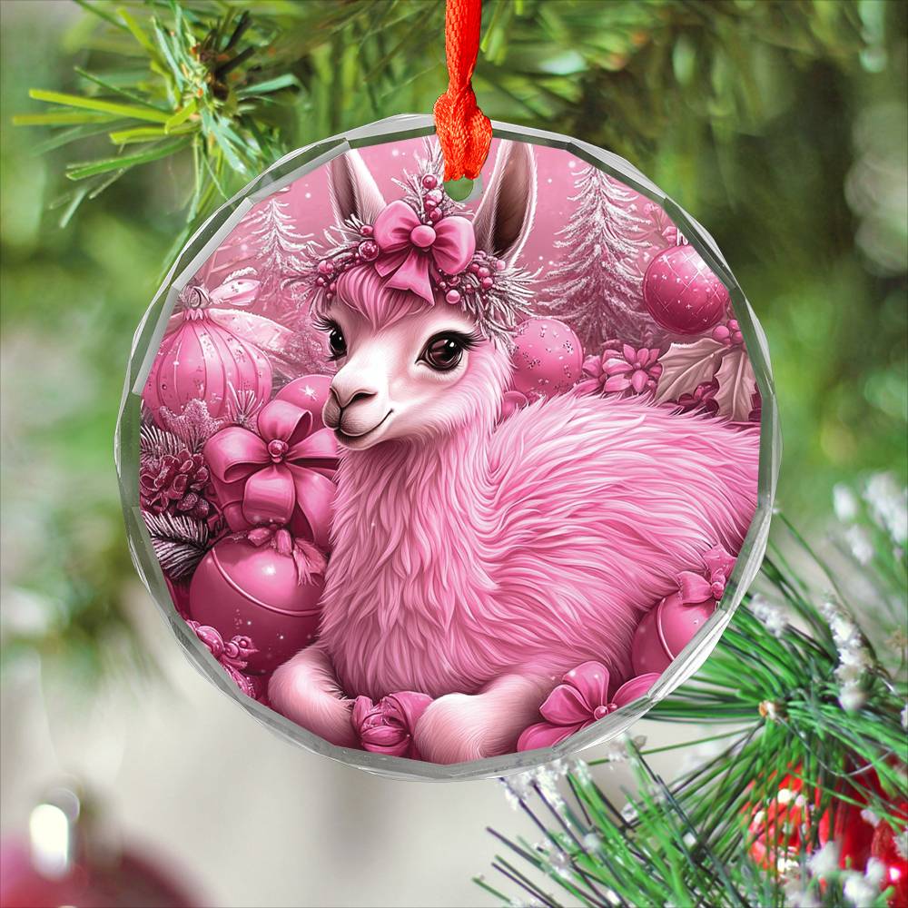 Llama Pink Christmas Design 2 Glass Ornament