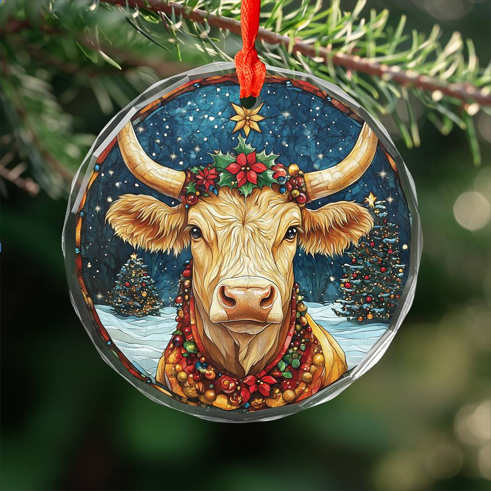 Beautiful Longhorn Cow Christmas Night Design 3 Glass Ornament