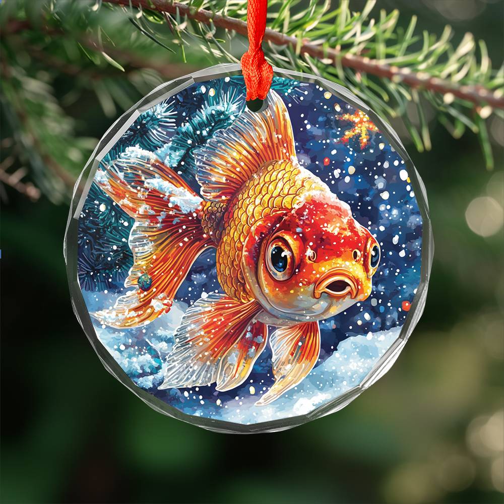 Beautiful Angus Goldfish Christmas Night Design 3 Glass Ornament
