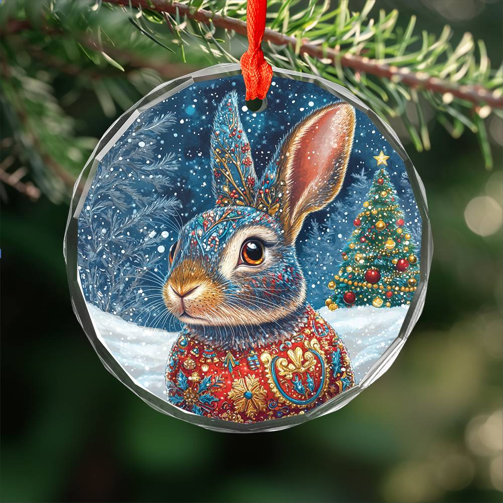Beautiful Rabbit Christmas Night Design 2 Glass Ornament