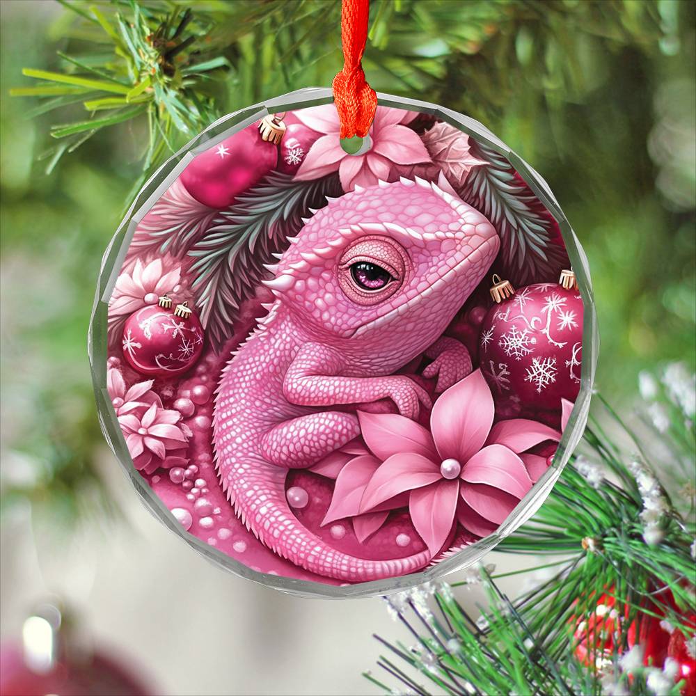 Chameleon Pink Christmas Design 3 Glass Ornament