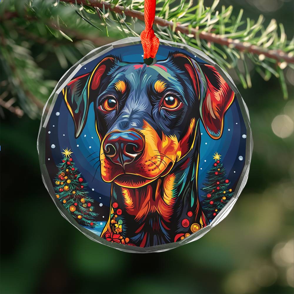 Beautiful Angus Doberman Pinscher Dog Christmas Night Design 3 Glass Ornament