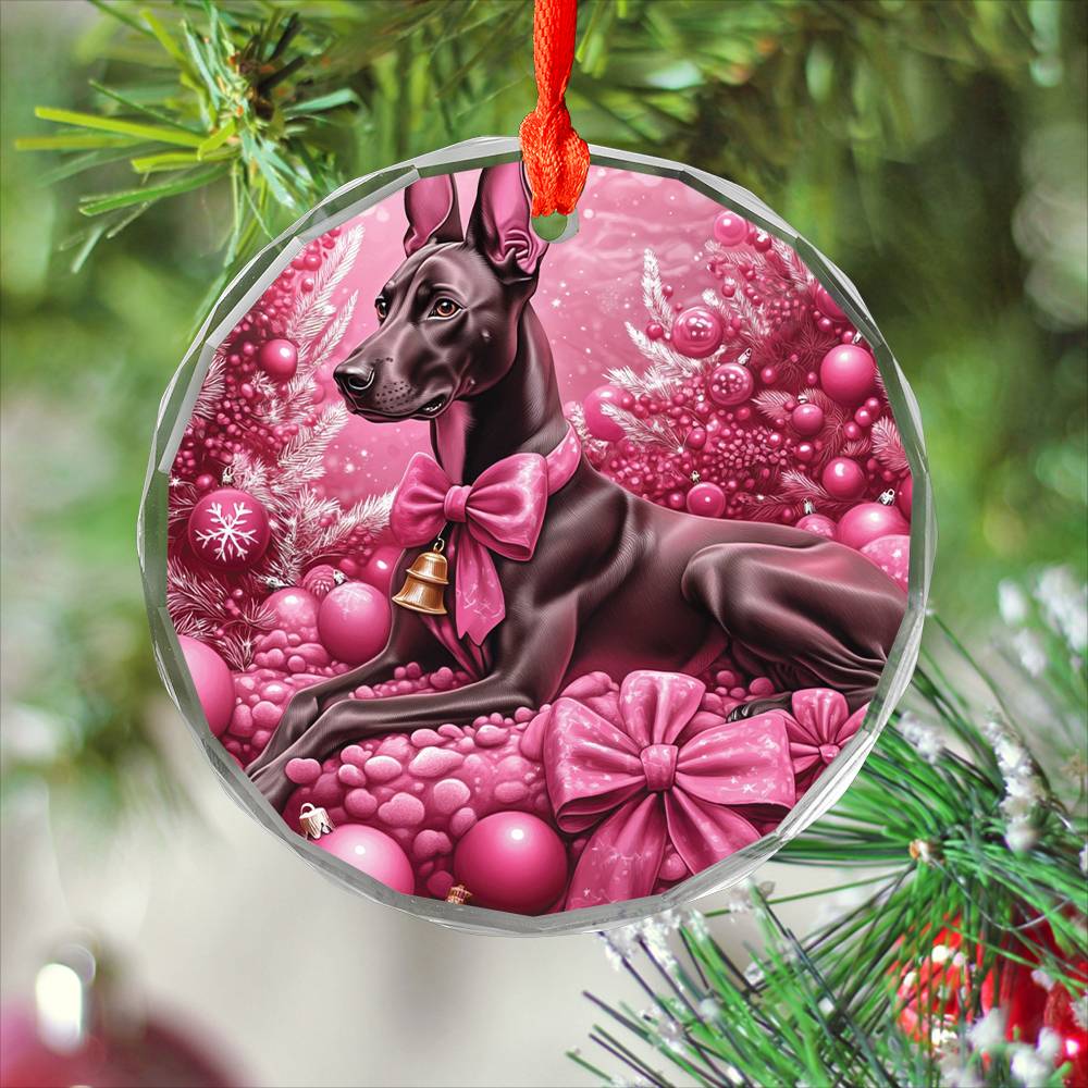 Doberman Pinscher Dog Pink Christmas Design 2 Glass Ornament