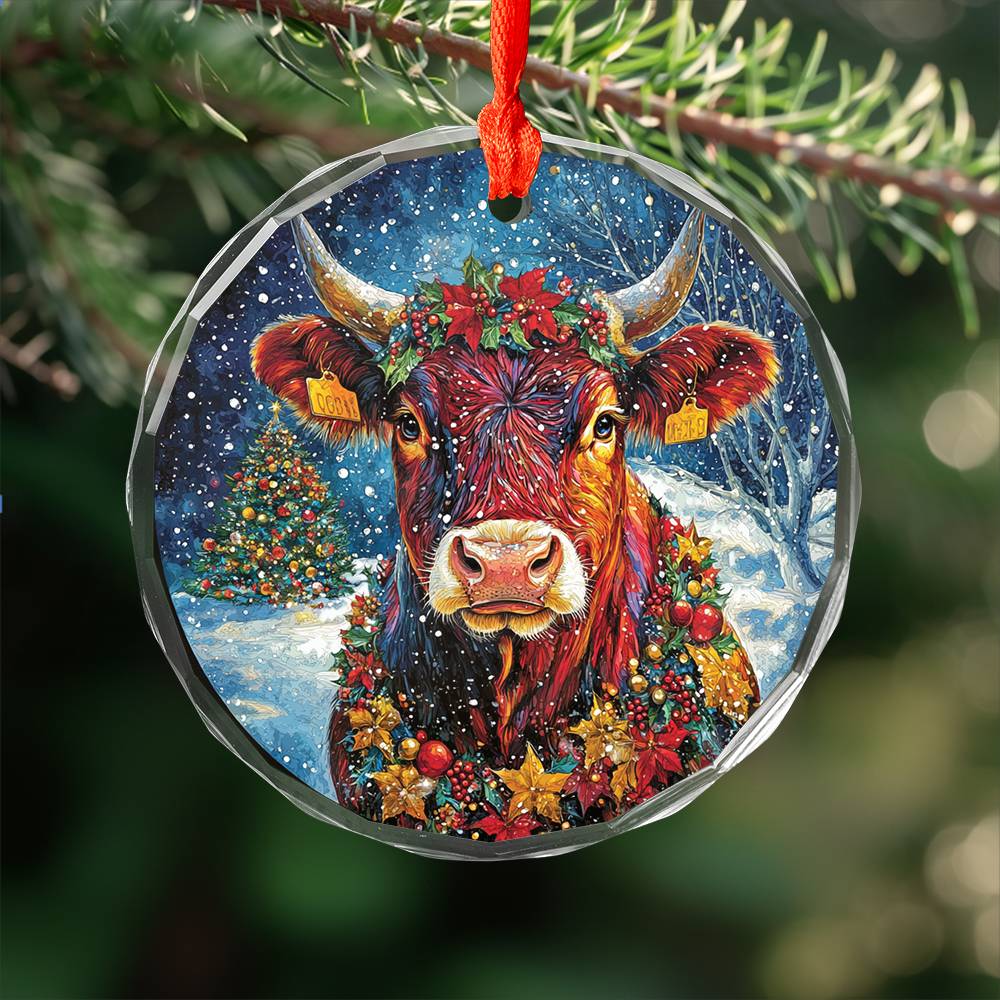 Beautiful Angus Cow Christmas Night Design 1 Glass Ornament