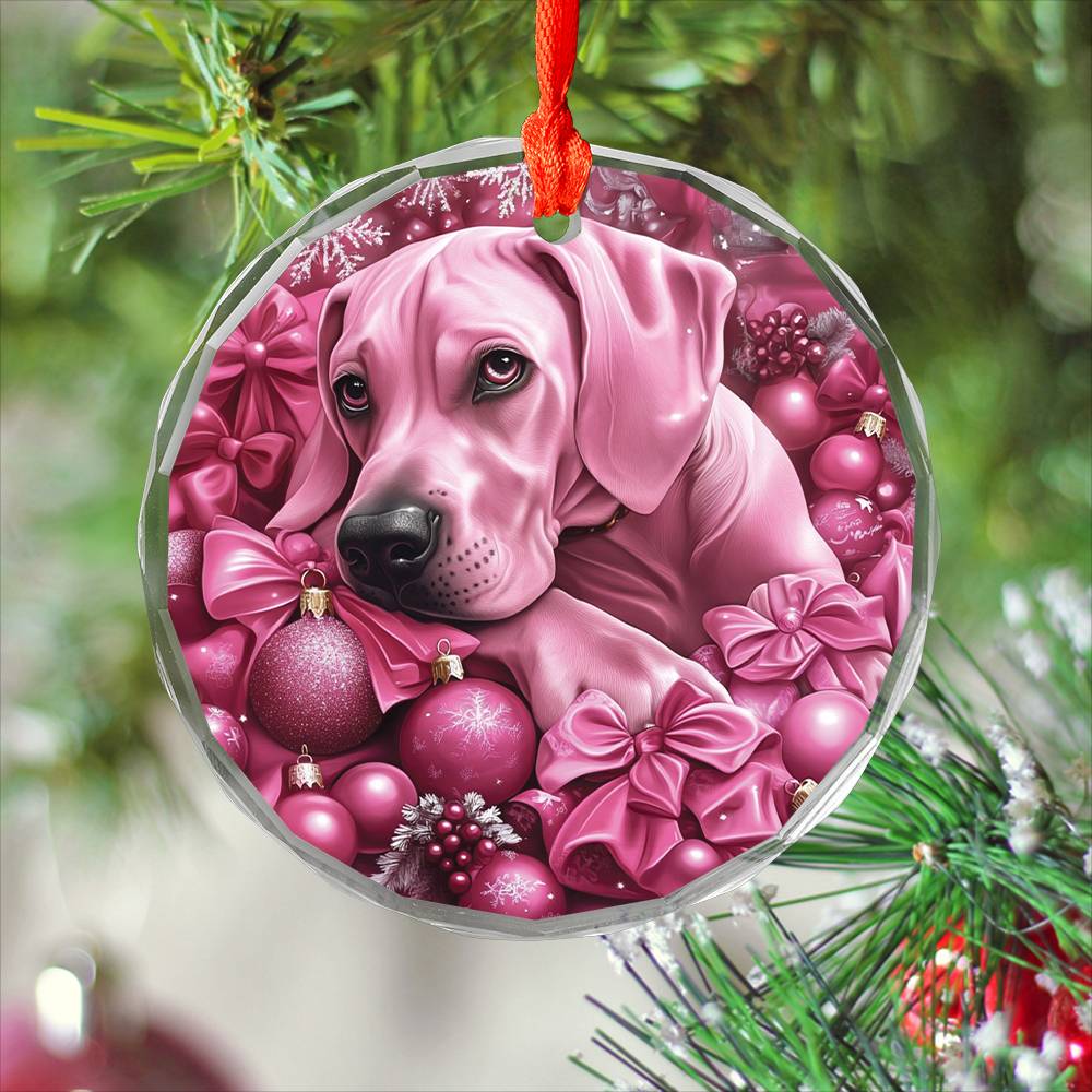 Great Dane Dog Pink Christmas Design 2 Glass Ornament