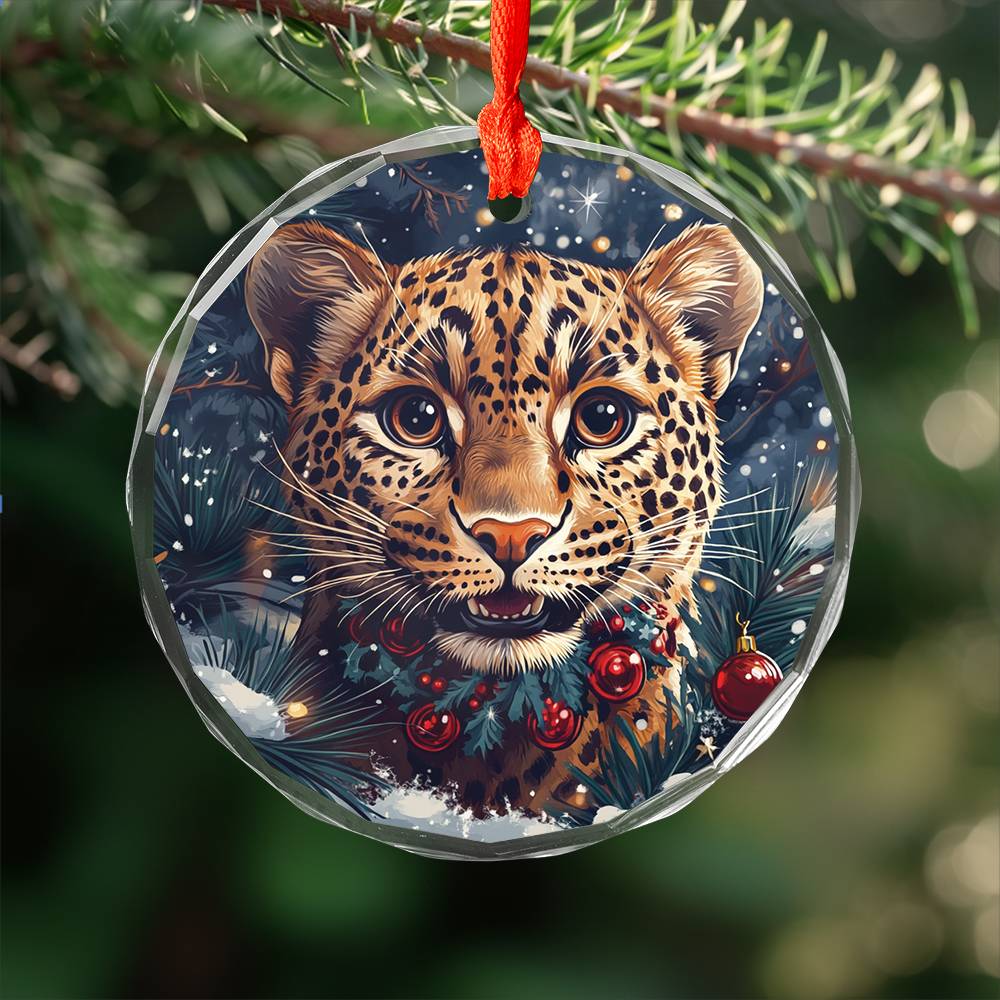 Beautiful Leopard Christmas Night Design 1 Glass Ornament