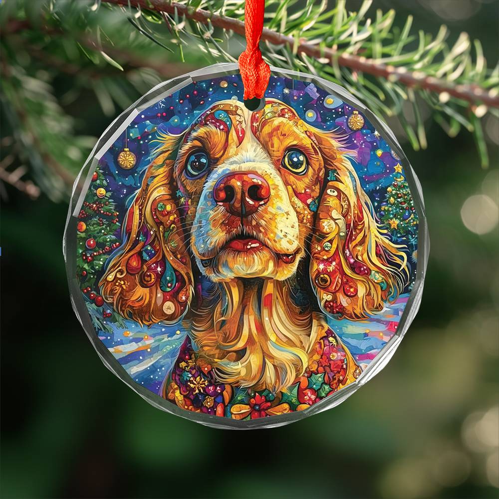 Beautiful English Cocker Spaniel Dog Christmas Night Design 3 Glass Ornament