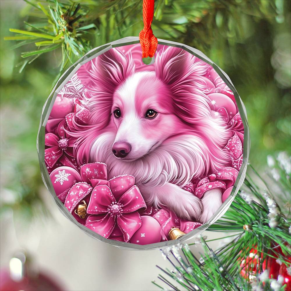 Collie Dog Pink Christmas Design 4 Glass Ornament