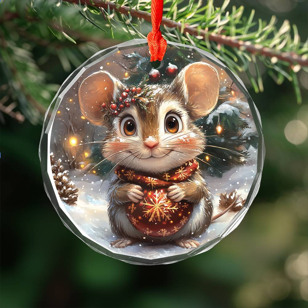 Beautiful Angus Mice Christmas Night Design 4 Glass Ornament