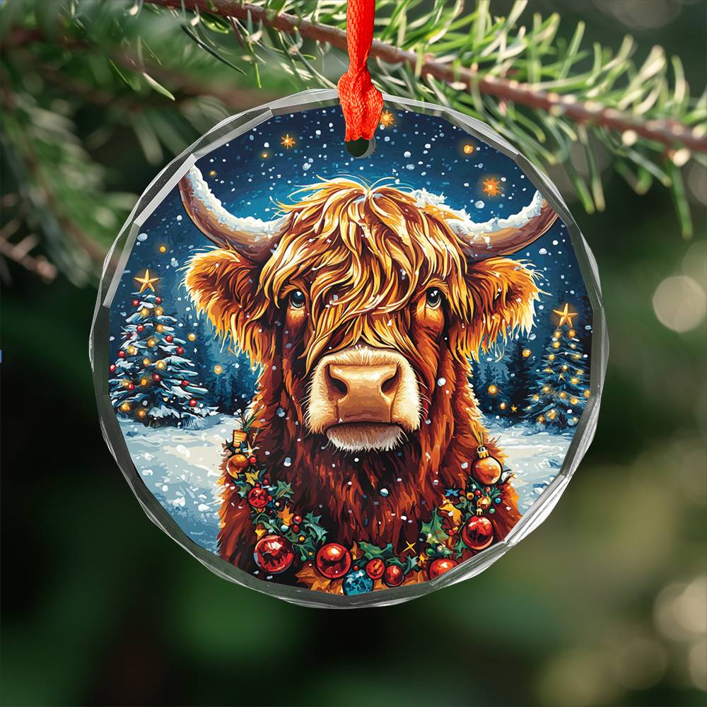 Beautiful Highland Cow Christmas Night Design 4 Glass Ornament