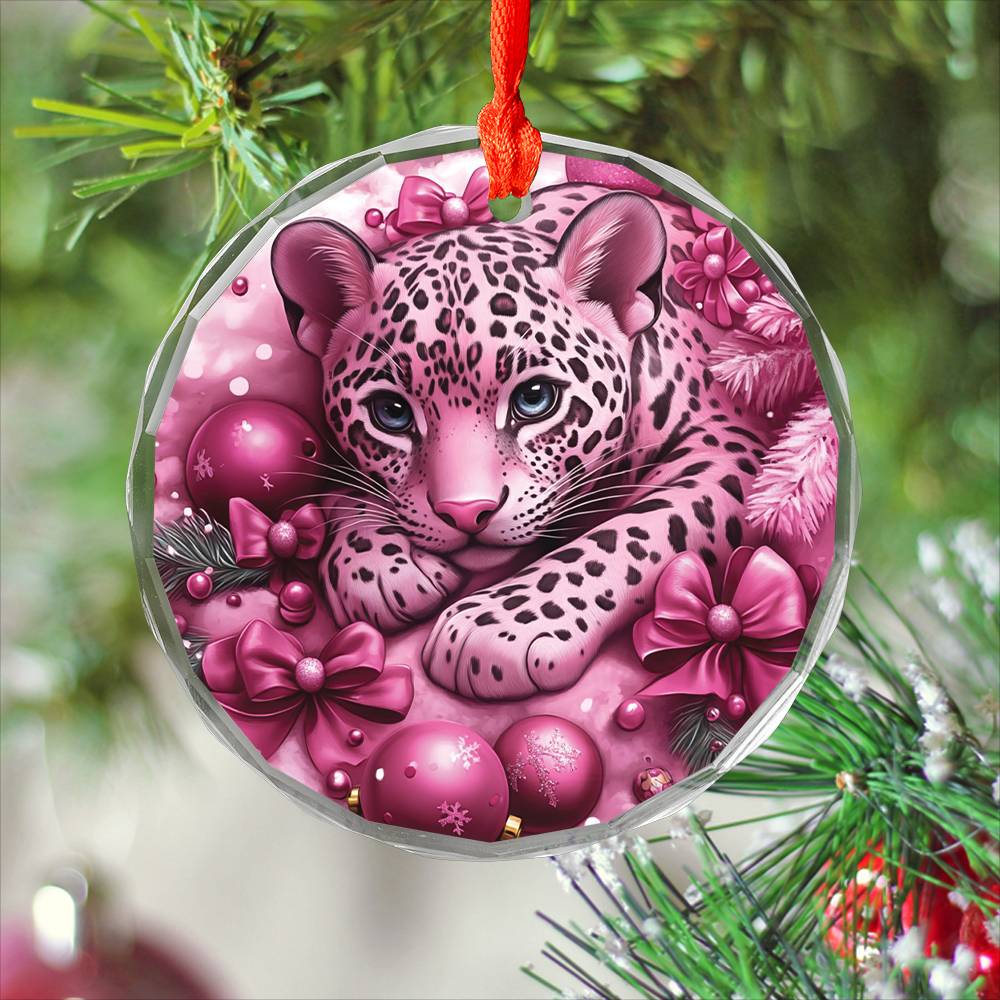 Jaguar Pink Christmas Design 2 Glass Ornament