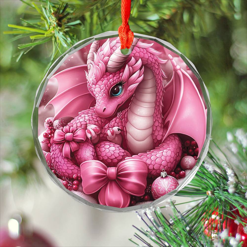 Dragon Pink Christmas Design 1 Glass Ornament