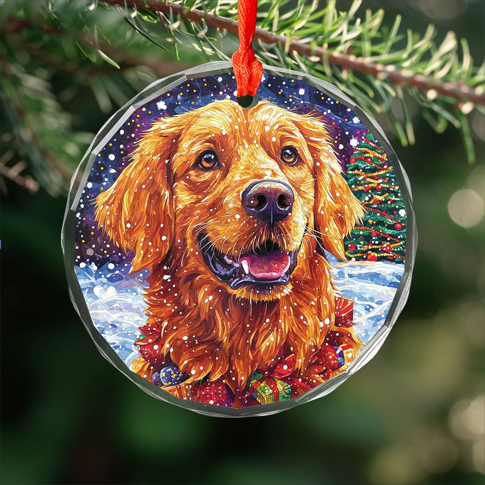 Beautiful Golden Retriever Dog Christmas Night Design 4 Glass Ornament
