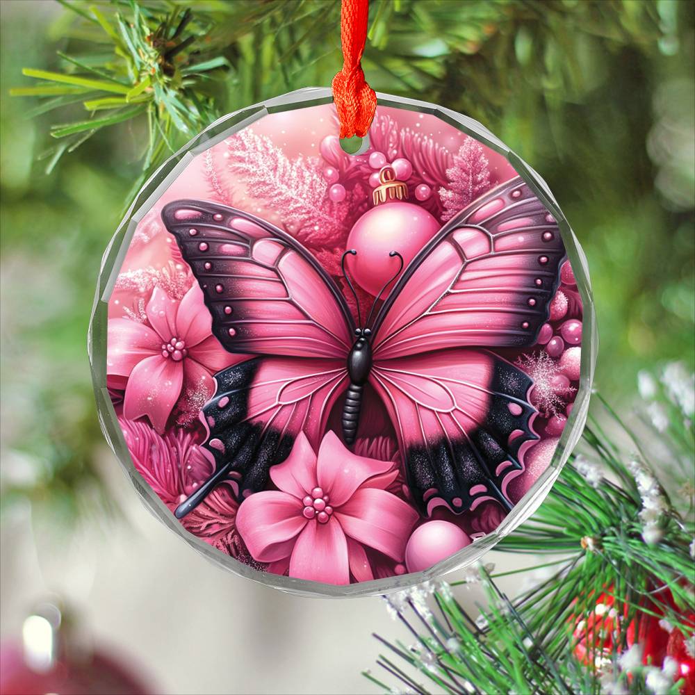 Butterfly Pink Christmas Design 4 Glass Ornament