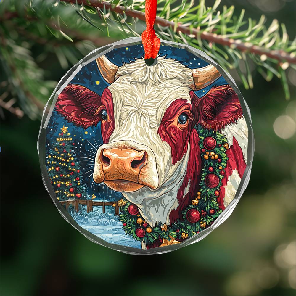 Beautiful Hereford Cow Christmas Night Design 3 Glass Ornament