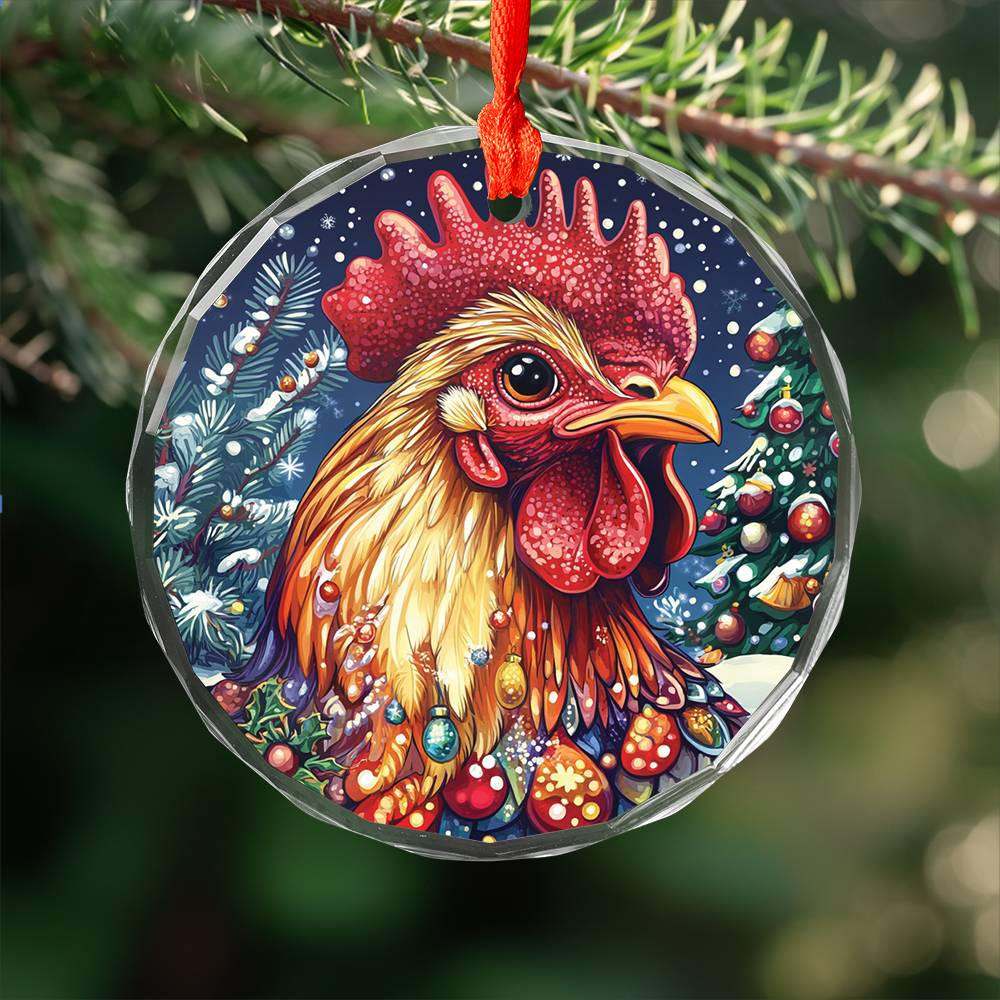 Beautiful Rooster Christmas Night Design 3 Glass Ornament