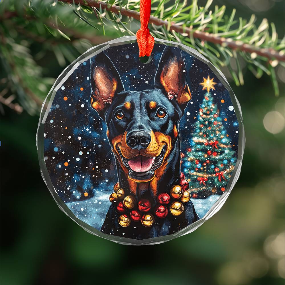Beautiful Angus Doberman Pinscher Dog Christmas Night Design 4 Glass Ornament