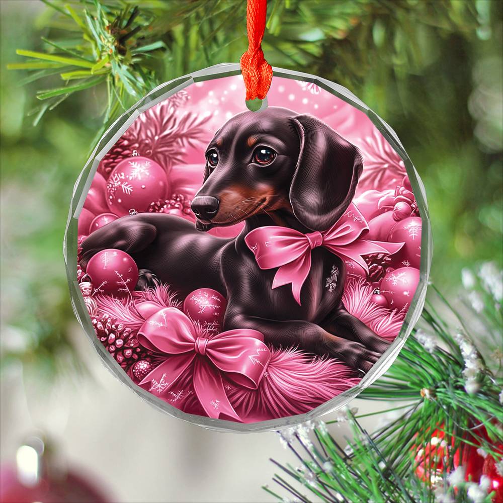 Dachshund Dog Pink Christmas Design 3 Glass Ornament