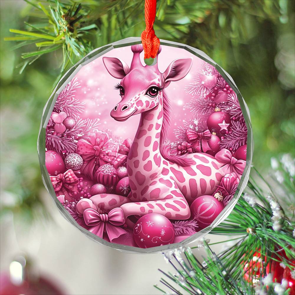 Giraffe Pink Christmas Design 3 Glass Ornament