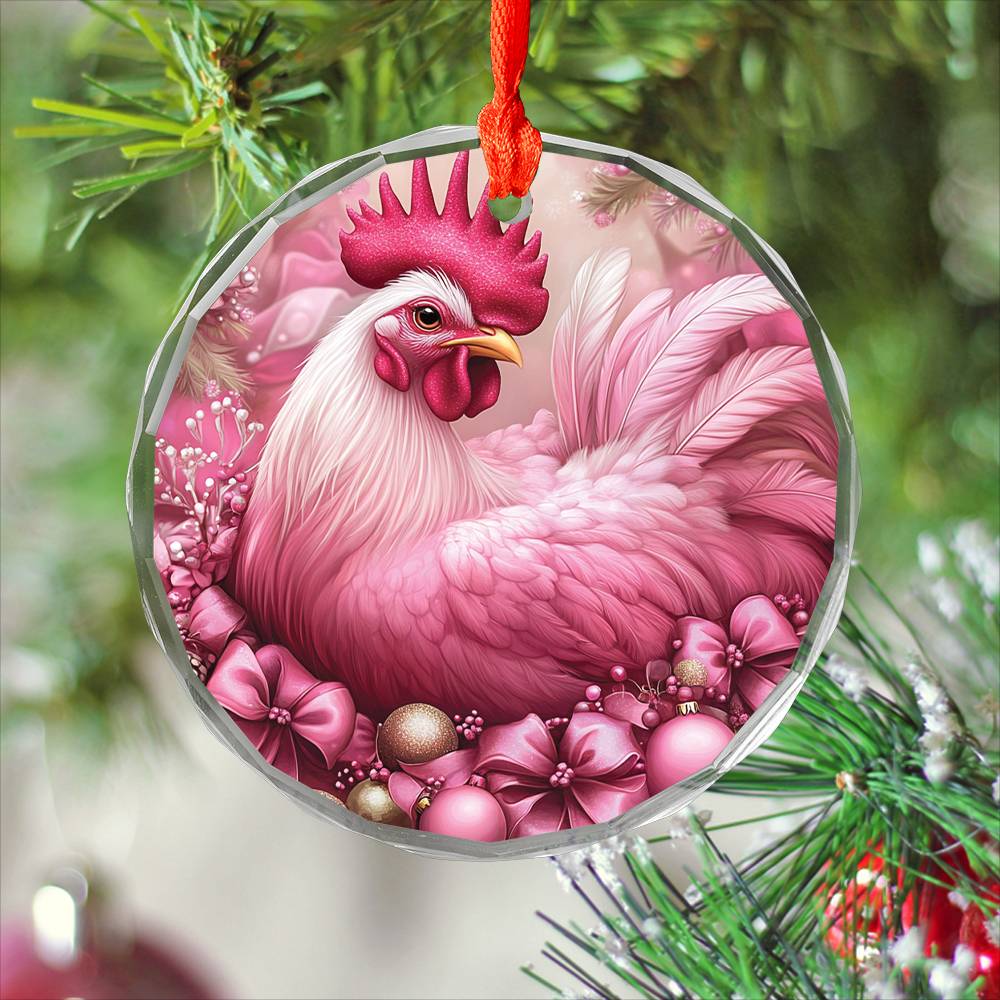 Rooster Pink Christmas Design 4 Glass Ornament