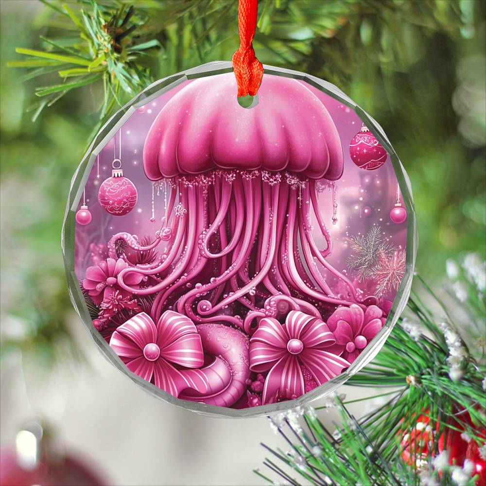 Jellyfish Pink Christmas Design 1 Glass Ornament