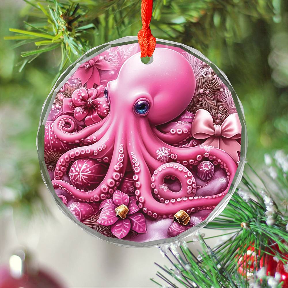 Octopus Pink Christmas Design 3 Glass Ornament
