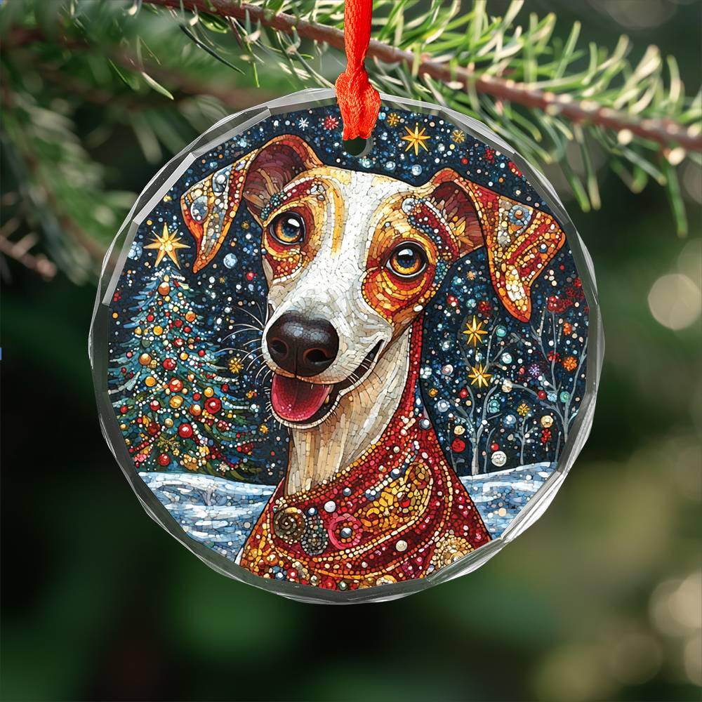 Beautiful Whippet Dog Christmas Night Design 1 Glass Ornament