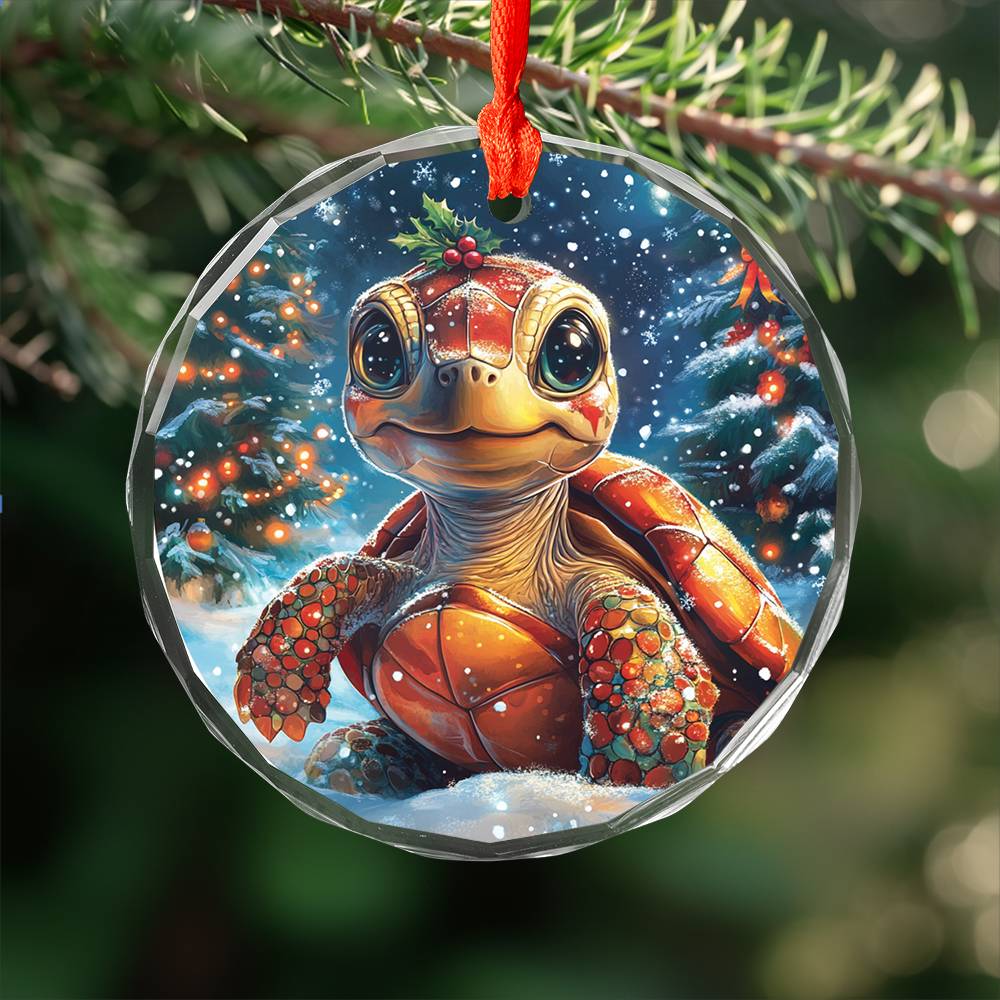 Beautiful Angus Turtle Christmas Night Design 4 Glass Ornament