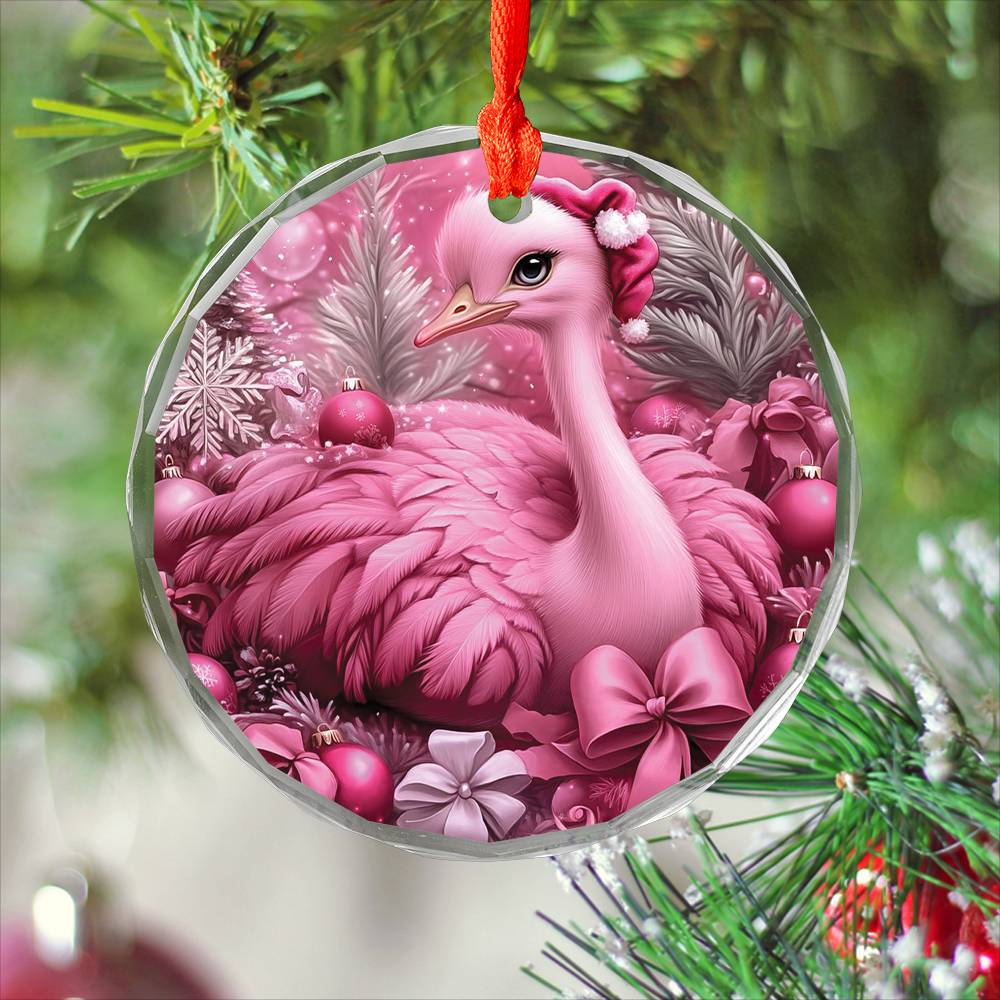 Ostrich Pink Christmas Design 3 Glass Ornament