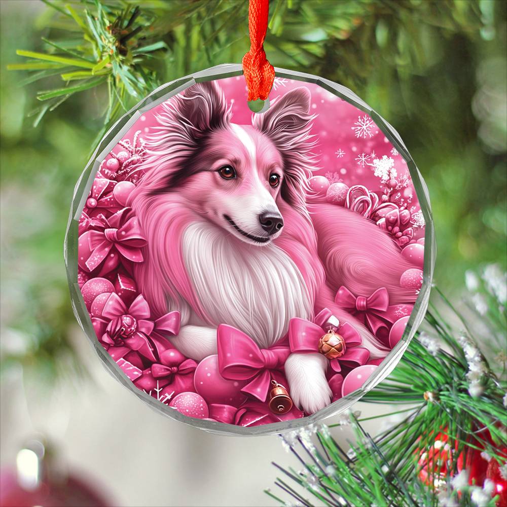Collie Dog Pink Christmas Design 2 Glass Ornament