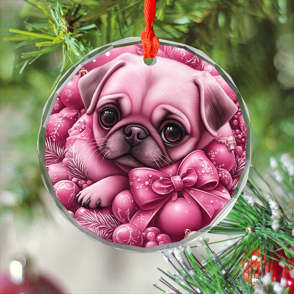 Pug Dog Pink Christmas Design 1 Glass Ornament
