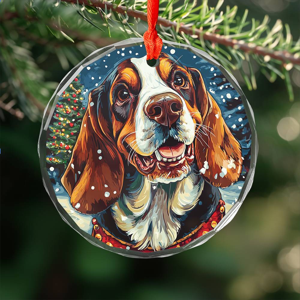 Beautiful Bassett Hound Dog Christmas Night Design 2 Glass Ornament