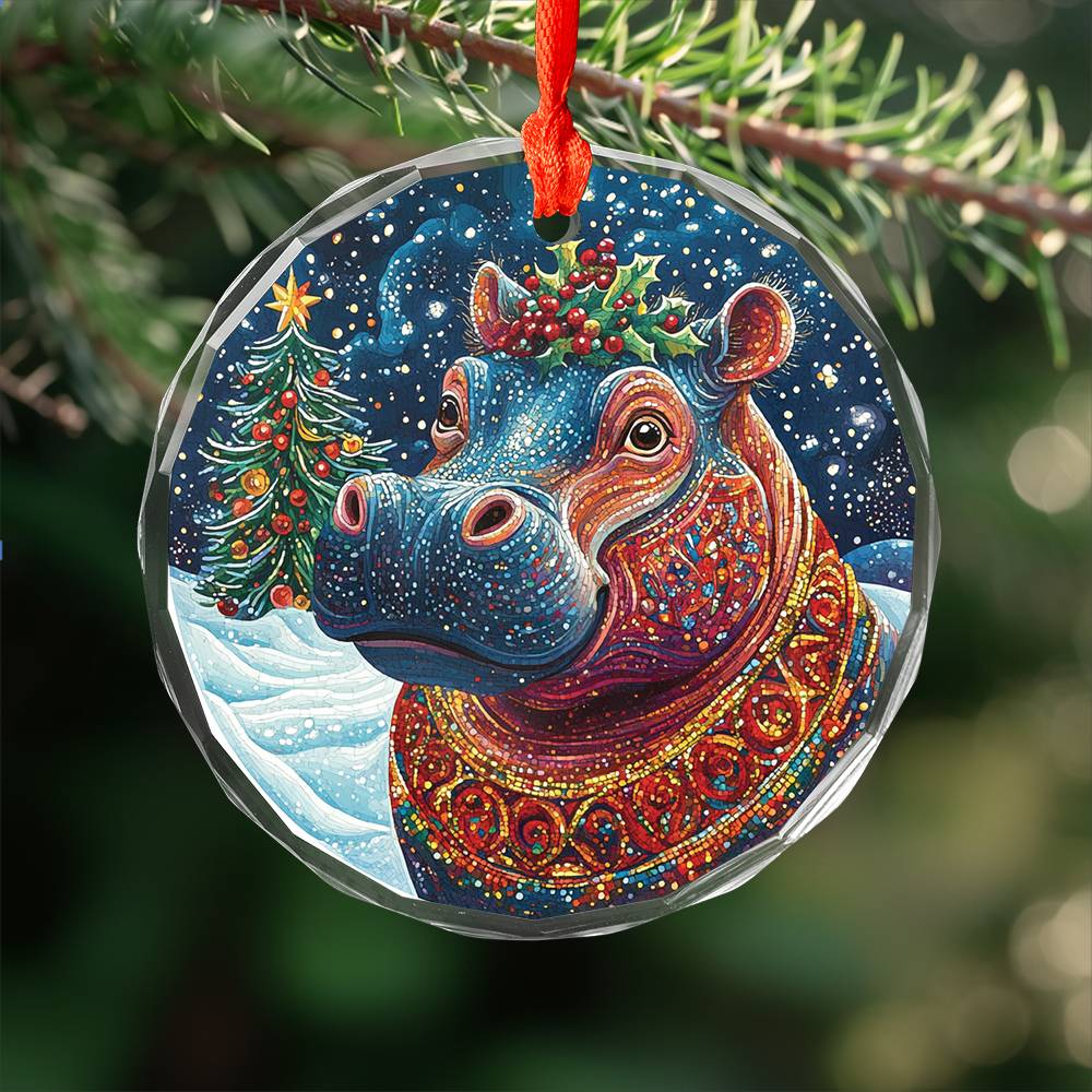 Beautiful Hippo Christmas Night Design 3 Glass Ornament