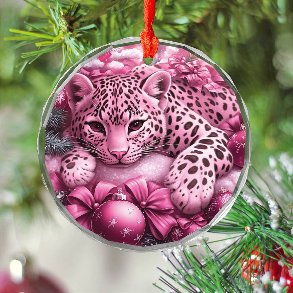 Leopard Pink Christmas Design 2 Glass Ornament
