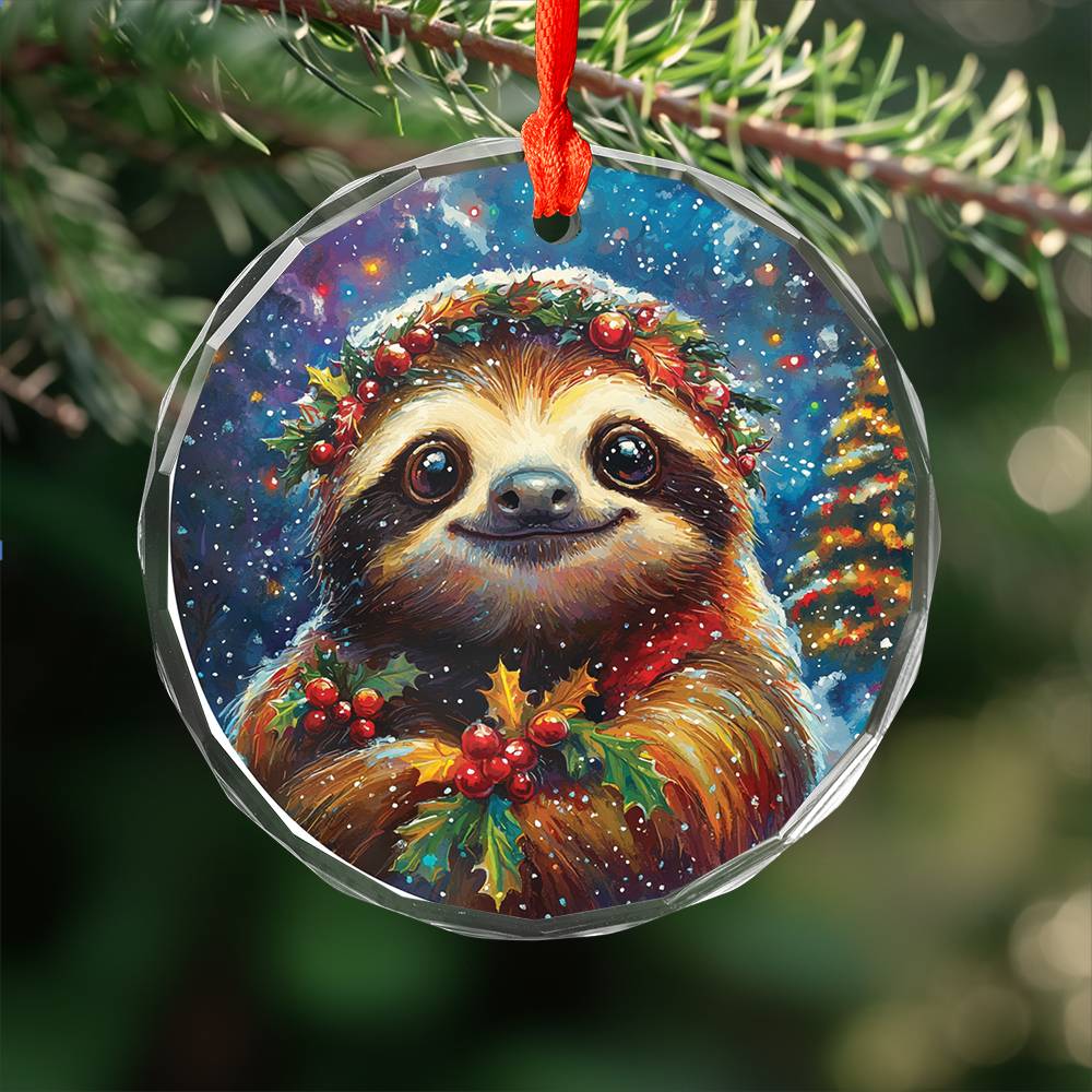 Beautiful Angus Sloth Christmas Night Design 1 Glass Ornament