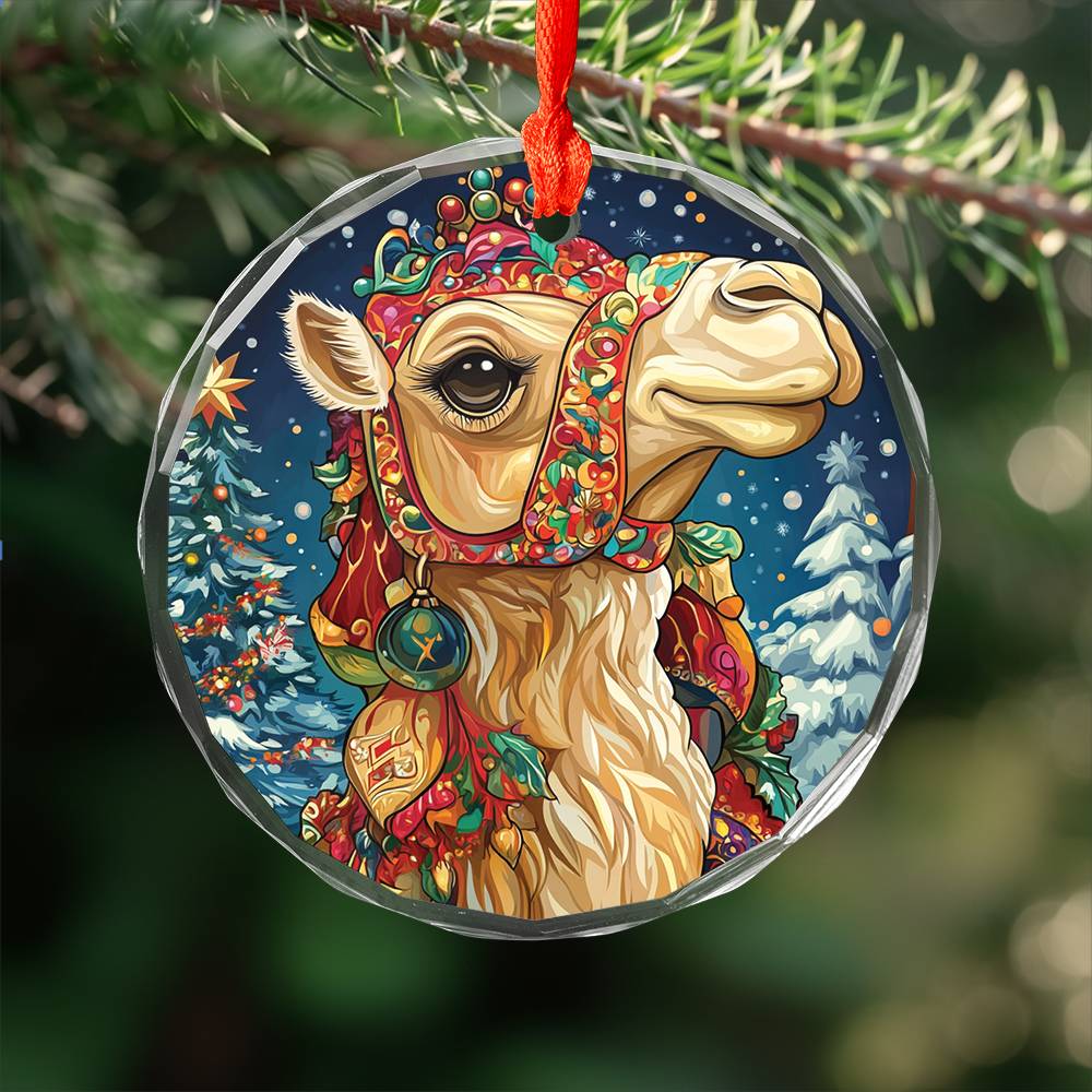 Beautiful Camel Christmas Night Design 1 Glass Ornament