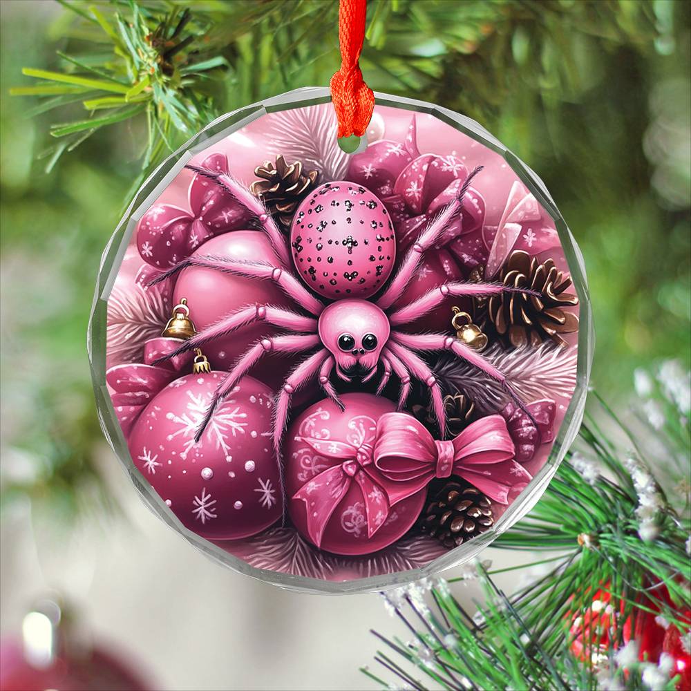 Spider Pink Christmas Design 2 Glass Ornament
