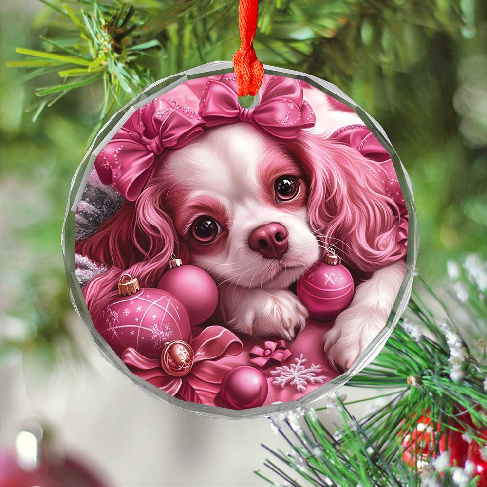 Cavalier King Charles Spaniel Dog Pink Christmas Design 2 Glass Ornament