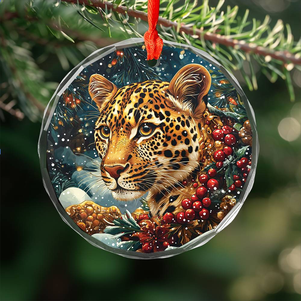 Beautiful Leopard Christmas Night Design 2 Glass Ornament