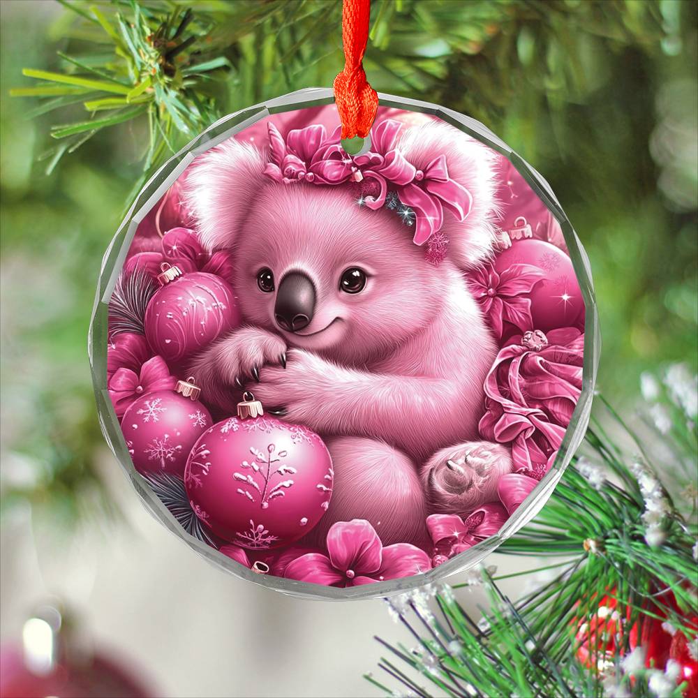 Koala Pink Christmas Design 3 Glass Ornament