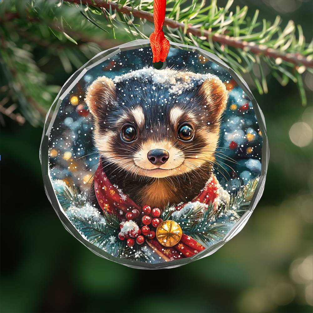 Beautiful Ferret Christmas Night Design 4 Glass Ornament
