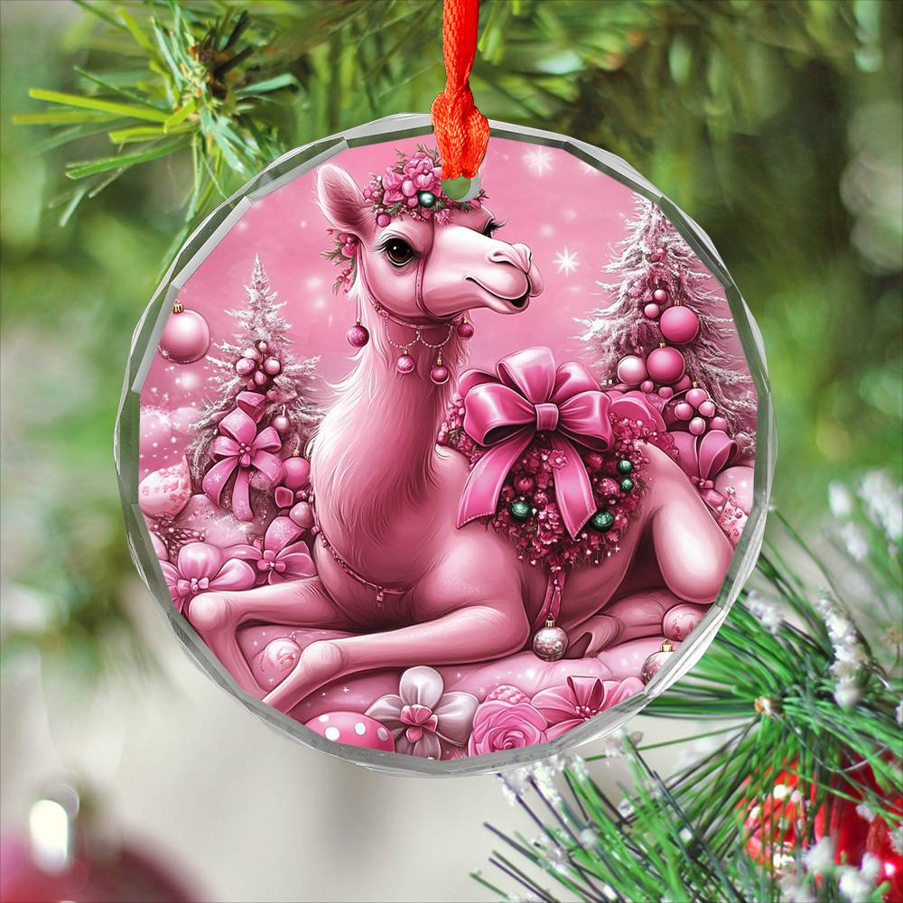 Camel Pink Christmas Design 3 Glass Ornament